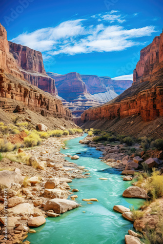 Turquoise river winding through the majestic cliffs of the Grand Canyon under a sunny azure sky perfect for tourism and nature exploration in the American Southwest