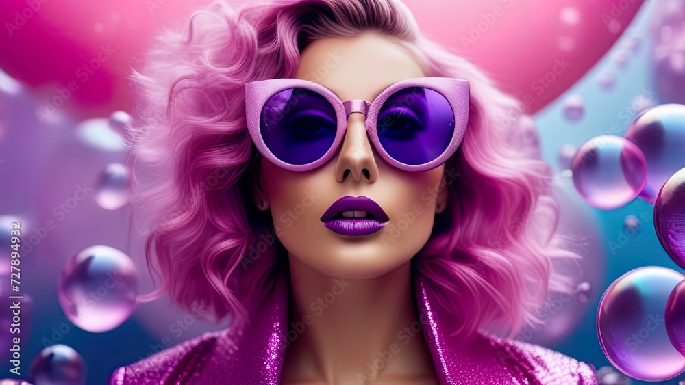 Young woman with bright lilac makeup on a background of soap bubbles. Beautiful young model with fashionable makeup, perfect skin. Fashionable colorful sunglasses