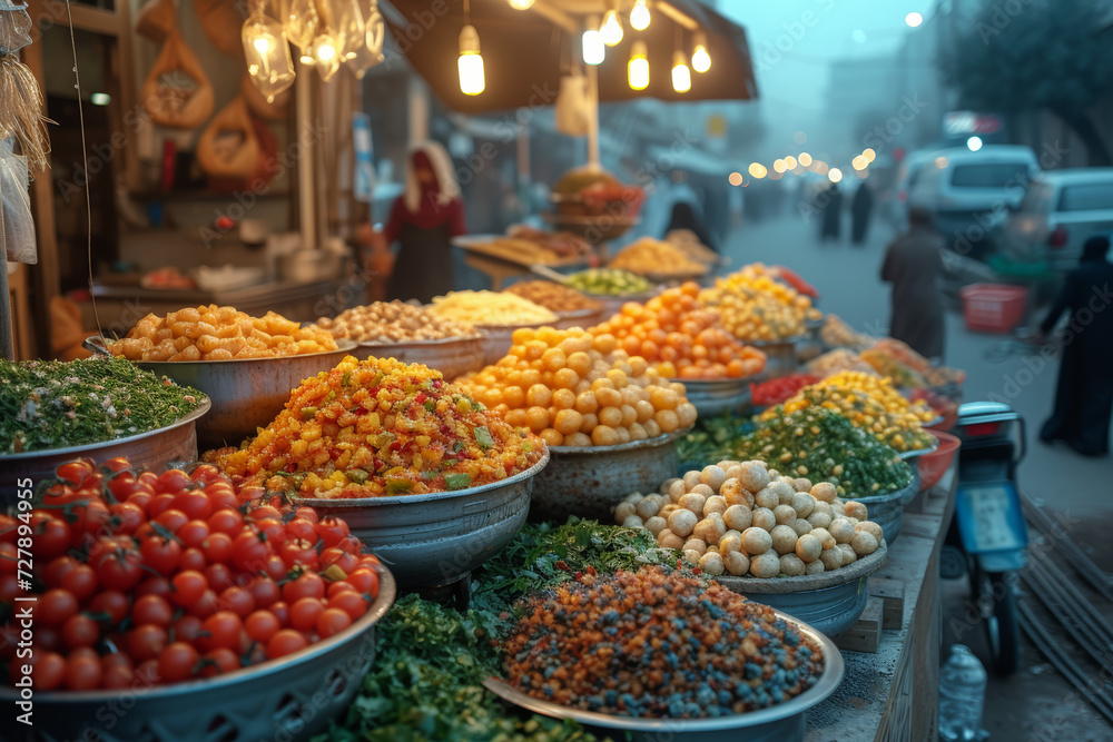 The hustle and bustle of a late-night Suhoor market, where vendors offer a variety of foods to help sustain the fasting individuals until dawn. Concept of Suhoor market vitality. Generative Ai. The hustle and bustle of a late-night Suhoor market, where vendors offer a variety of foods to help sustain the fasting individuals until dawn. Concept of Suhoor market vitality. Generative Ai.