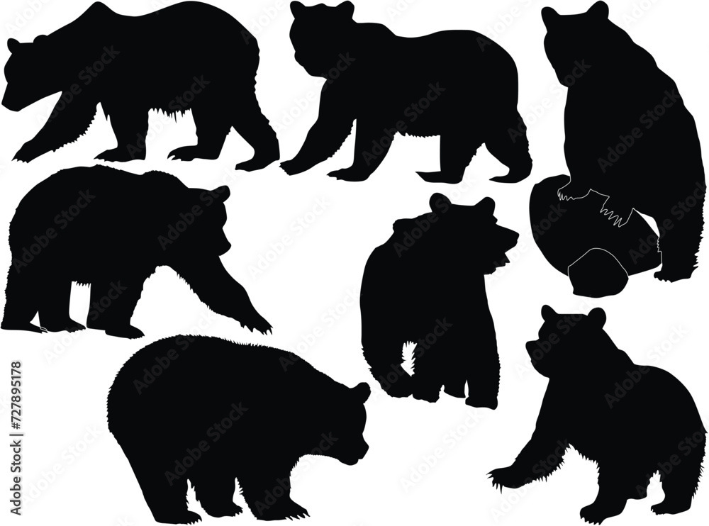 Naklejka premium seven bear silhouettes isolated on white
