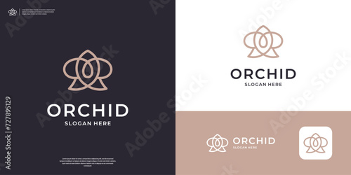 Minimalist orchid logo design vector. Abstract flower with line art style.