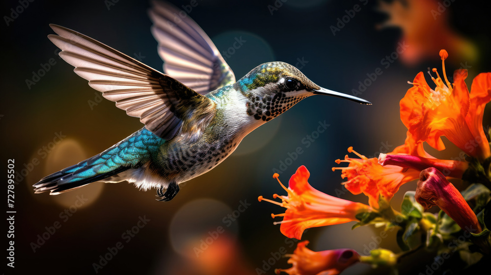 Fototapeta premium Hummingbird in flight feeding on bright orange flowers ideal for wildlife photography and nature-related designs