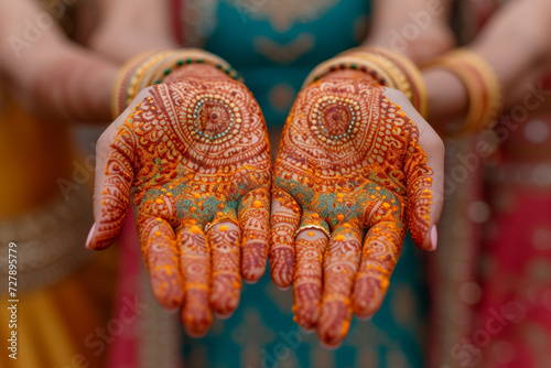 The vibrant colors of Henna adorning the hands of women as they prepare for Eid celebrations, creating intricate and meaningful designs. Concept of festive adornment. Generative Ai.