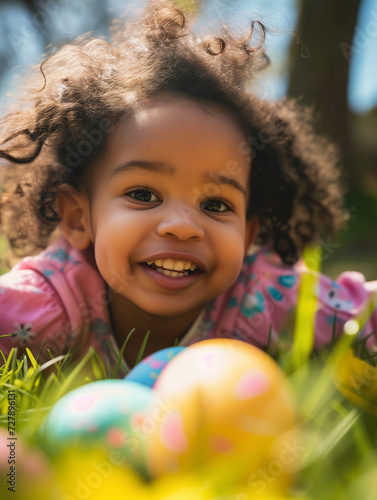 Happy young black toddler with easter eggs  in garden. Kid hunting for chocolate eggs at easter egg hunt. AI generated 