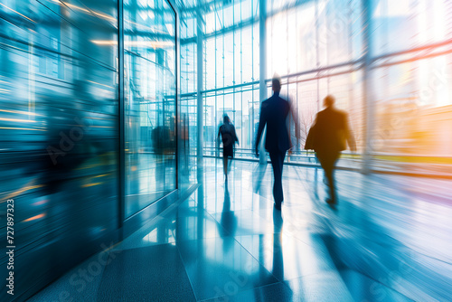 Blurred Motion of Businesspeople Walking in Glass Hallway