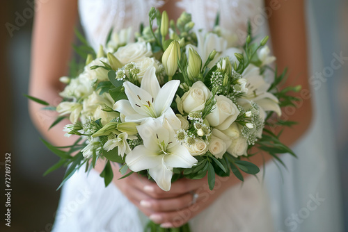 Bride Holding Elegant White Floral Bouquet