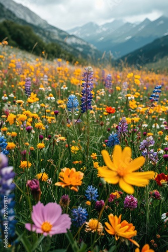 Vibrant wildflower meadow with colorful blooms in an alpine mountain setting perfect for tourism and relaxation