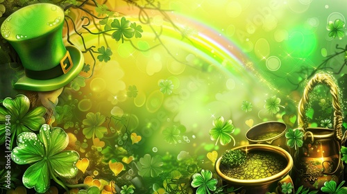 St patrick's day banner with four leaf clover background Abstract green bokeh background with space for text