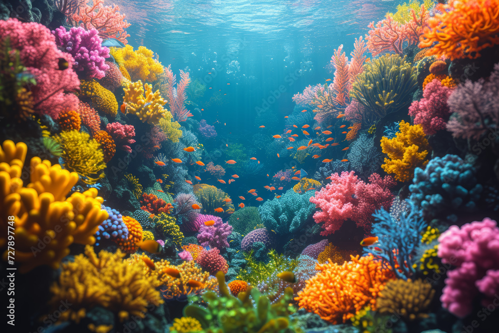 Naklejka premium An underwater coral reef scene, teeming with diverse marine life and coral formations, illustrating the importance of marine conservation. Concept of underwater biodiversity. Generative Ai.