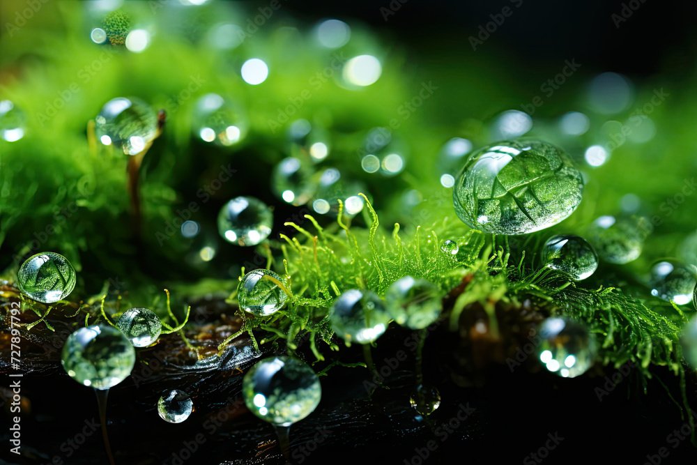 Close-up of Dew Drops on Lush Green Moss in a Serene Forest Scene showing concepts of Freshness Purity Ecology and Growth for Environmental Awareness Campaigns