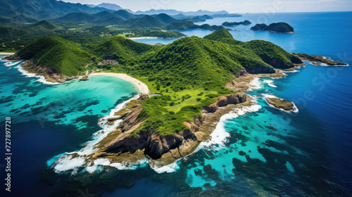 Aerial view of a lush green tropical island surrounded by turquoise waters ideal for travel leisure and eco-tourism