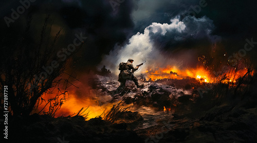 soldiers on the battlefield Americans attack on the battlefield with explosions and fire in the forest, fire in the woods,  photo