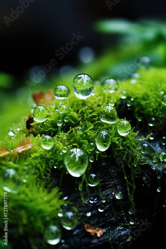 Close-up of water droplets on bright green moss for natural and environmental design concepts promoting freshness purity and tranquility