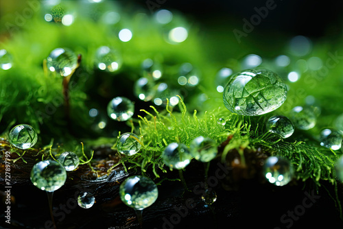 Close-up of Dew Drops on Lush Green Moss in a Serene Forest Scene showing concepts of Freshness Purity Ecology and Growth for Environmental Awareness Campaigns