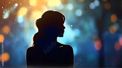 Side view of a young woman stands alone on the street at night. Dark time. Peaceful atmosphere. Loneliness concept