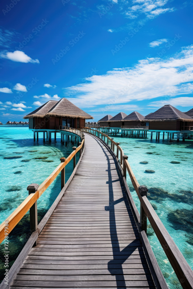 Luxury overwater bungalows in a tropical Maldives resort inviting relaxation for a travel and tourism advertisement