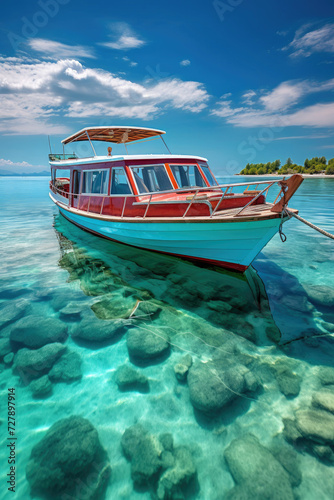 Boat in Beautiful Maldives Anchored in Crystal Blue Water Tourism and Travel Concept