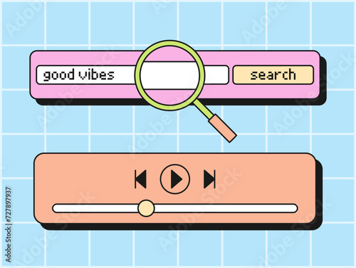 Vector Browser Window And Player Control Panel In Cartoon Groovy Style. Retro Computer Elements In Y2k Old School Style