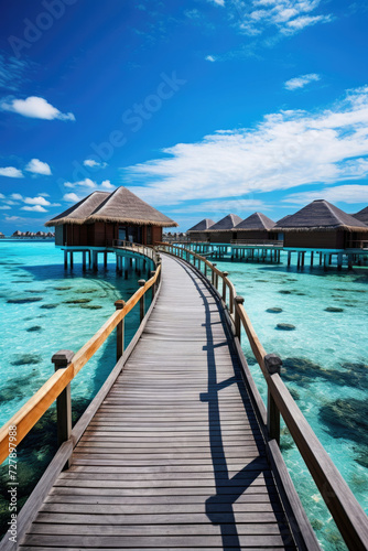 Luxury overwater bungalows in a tropical Maldives resort inviting relaxation for a travel and tourism advertisement © Made360