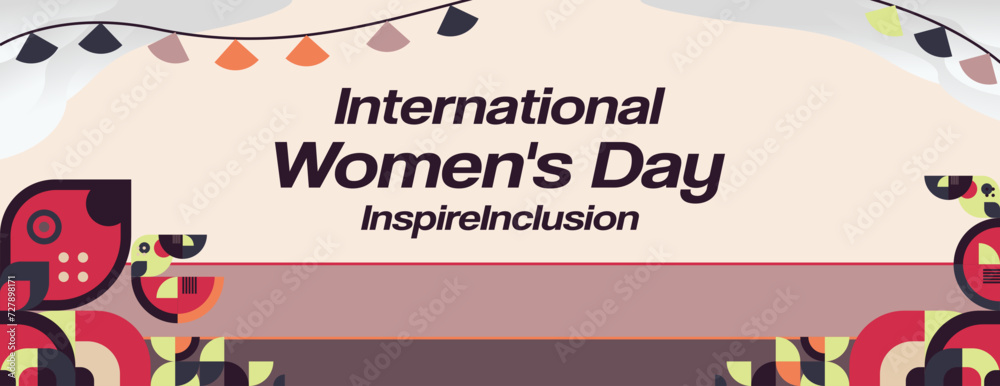 Naklejka premium International Women's Day banner. Modern geometric background in colorful style for women day. Happy women's day greeting card cover with text. Happy world women's day 2024 for Inspire Inclusion