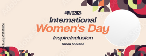 International Women's Day banner. Modern geometric background in colorful style for women day. Happy women's day greeting card cover with text. Happy world women's day 2024 for Inspire Inclusion