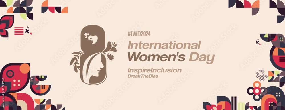 Obraz premium International Women's Day banner. Modern geometric background in colorful style for women day. Happy women's day greeting card cover with text. Happy world women's day 2024 for Inspire Inclusion