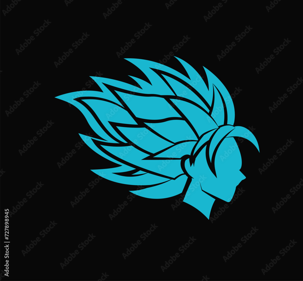 Αυτοκόλλητο Stylized Blue Anime Warrior Head Silhouette with Spiky Hair on Black Background