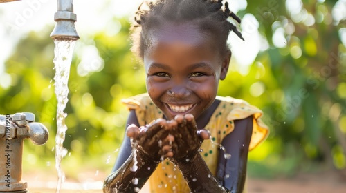 Beautiful african girl pour water from the tap into her hands