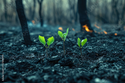 Young green saplings in a burnt forest signify hope and resilience in a recovery environment for conservation and sustainability photo