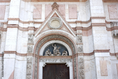 Rich decoration of Bologna Cathedral (Basilica di San Petronio) on Piazza Maggiore in Italy