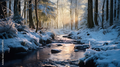 Winter creek with snow-covered trees and sunlight filtering through the forest, conveying a serene and tranquil atmosphere suitable for nature-related promos