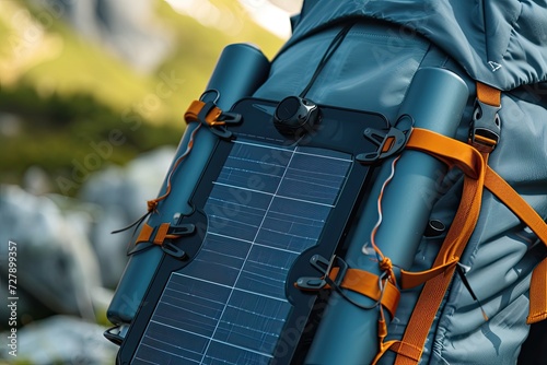 A close-up of solar panels on a backpack, demonstrating portable solar solutions for outdoor enthusiasts