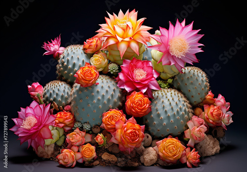 Cactus Aylostera Mundy With Flower Isolated On Black photo