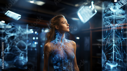A woman stands contemplatively with a digitally imposed network of glowing blue veins and nodes mapping over her, in a futuristic, high-tech environment. AI generated. photo