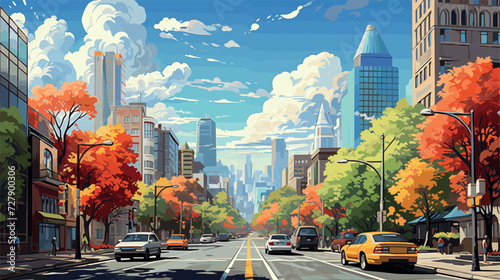  a poster-worthy flat illustration of a bustling cityscape. Include iconic buildings, busy streets with cars and pedestrians, and skyscrapers against a vibrant city skyline