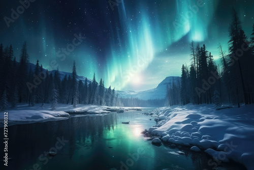 Winter night landscape with Northern Lights reflecting in a tranquil river surrounded by snow-covered forest and mountains ideal for travel and tourism © Made360