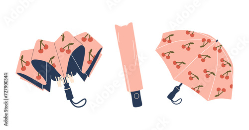 Umbrella With Cherry Berry Print. Portable Devices Designed To Shield From Rain Or Sunlight. Compact And Versatile