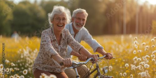 Happy elderly couple walking in spring. Joyful elderly couple biking in a sunny meadow with daisies photo