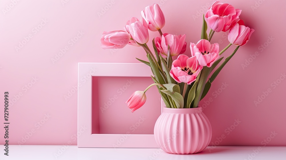A visually appealing composition featuring an empty photo frame adorned with lovely pink tulips, providing a perfect backdrop for text. A visually appealing composition featuring an empty photo frame adorned with lovely pink tulips, providing a perfect backdrop for text.