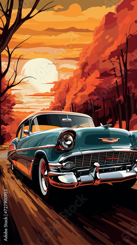 Classic auto in motion, vertical illustration for wall hanging, picturesque scene, bold and vivid color scheme