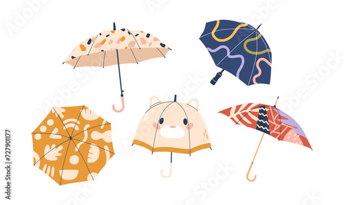 Set of Umbrellas for Kids and Adults. Portable Compact Devices Designed To Shield From Rain Or Sunlight, Vector