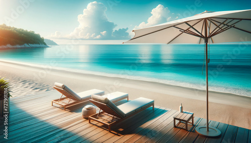 Luxurious beach resort relaxation area with sunbeds under umbrella, serene ocean view. Vacation concept. Generative AI photo