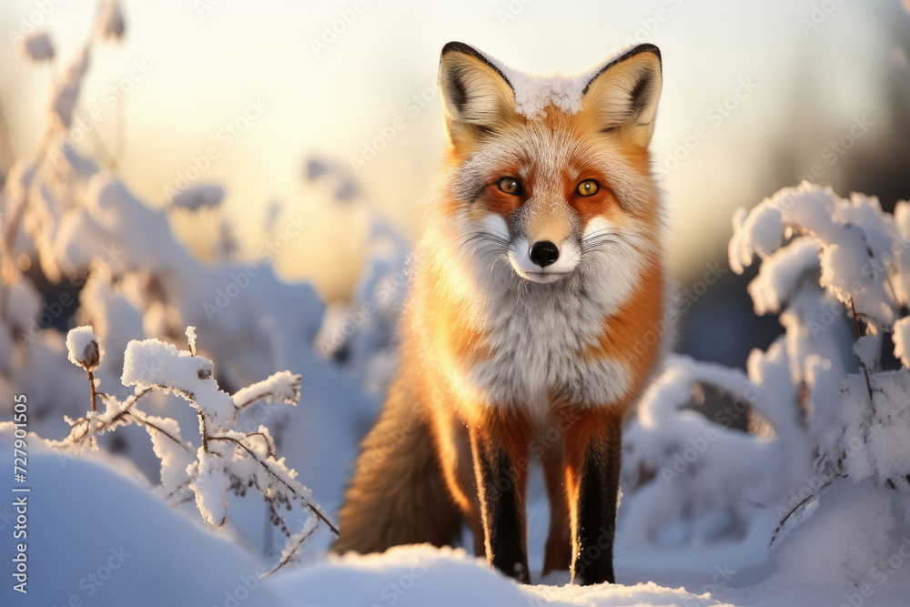 Obraz premium Serene winter morning with a vibrant fox in a snowy wilderness suitable for nature themes and wildlife conservation