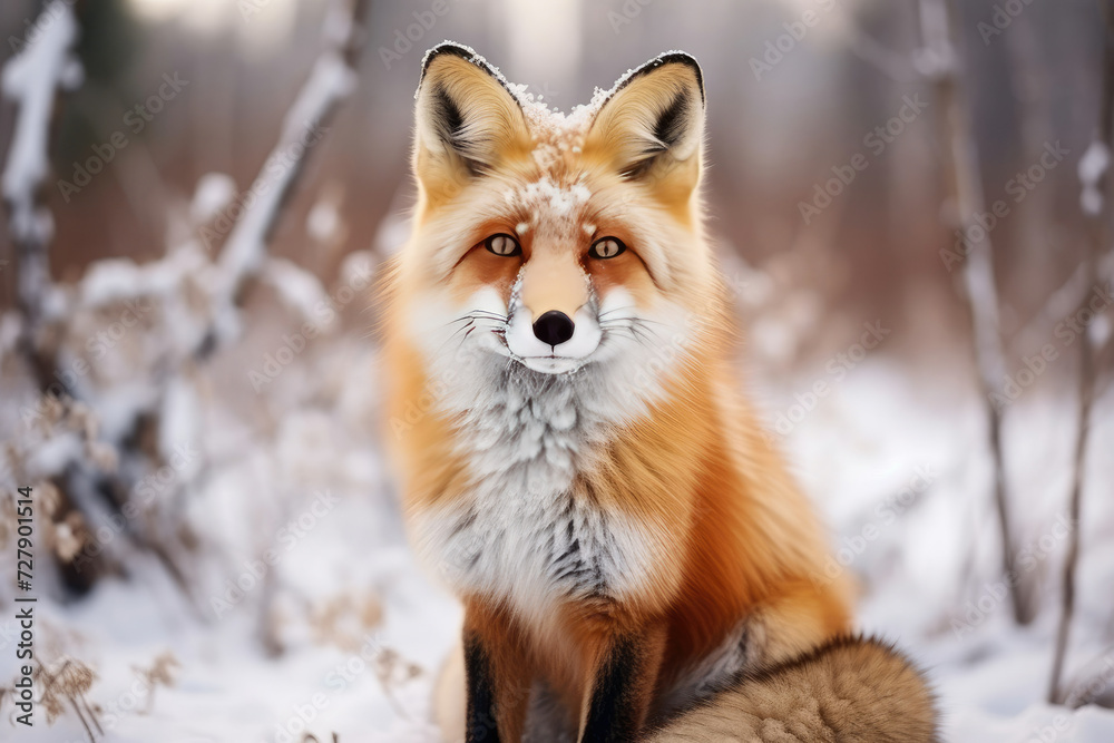 Portrait of a fox in snow could be used for wildlife preservation campaigns