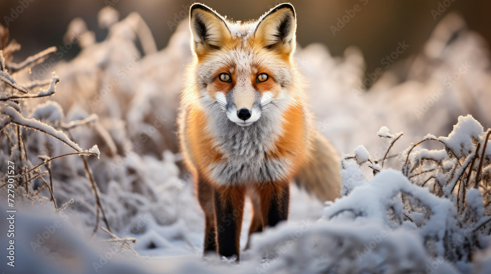 Winter wildlife scene with a serene fox in its natural snowy habitat perfect for nature conservation themes Winter wildlife scene with a serene fox in its natural snowy habitat perfect for nature conservation themes