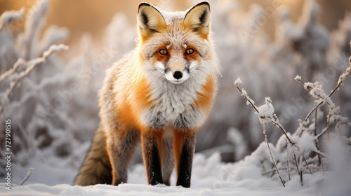 Winter wildlife portrait of a serene fox in its natural habitat ideal for nature magazines and animal conservation materials