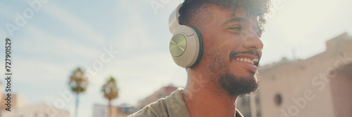 Portrait of young man with beard in an olive-colored shirt listens to music on headphones, Backlight, Panorama photo