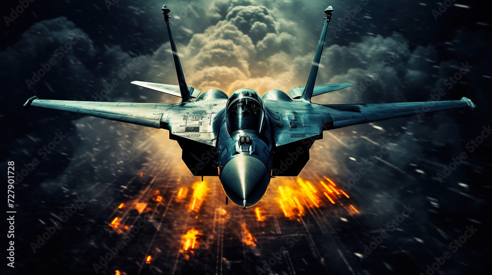 Naklejka premium modern generation combat air fighter jet in sky, advanced stealth military aircraft flying
