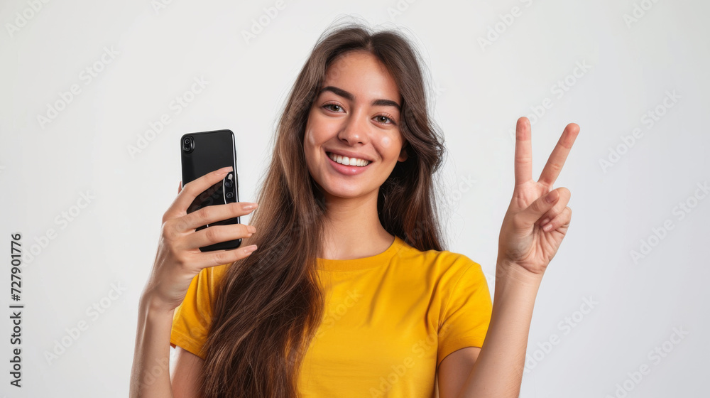young woman with long hair is taking a selfie, smiling brightly, and making a peace sign with her hand, wearing a yellow t-shirt against a white background