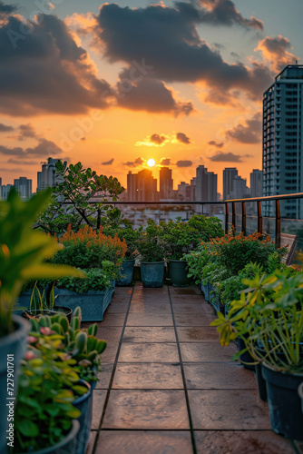 Urban Balcony Garden at Sunset serene and peaceful hobby perfect for lifestyle and wellness industry usage